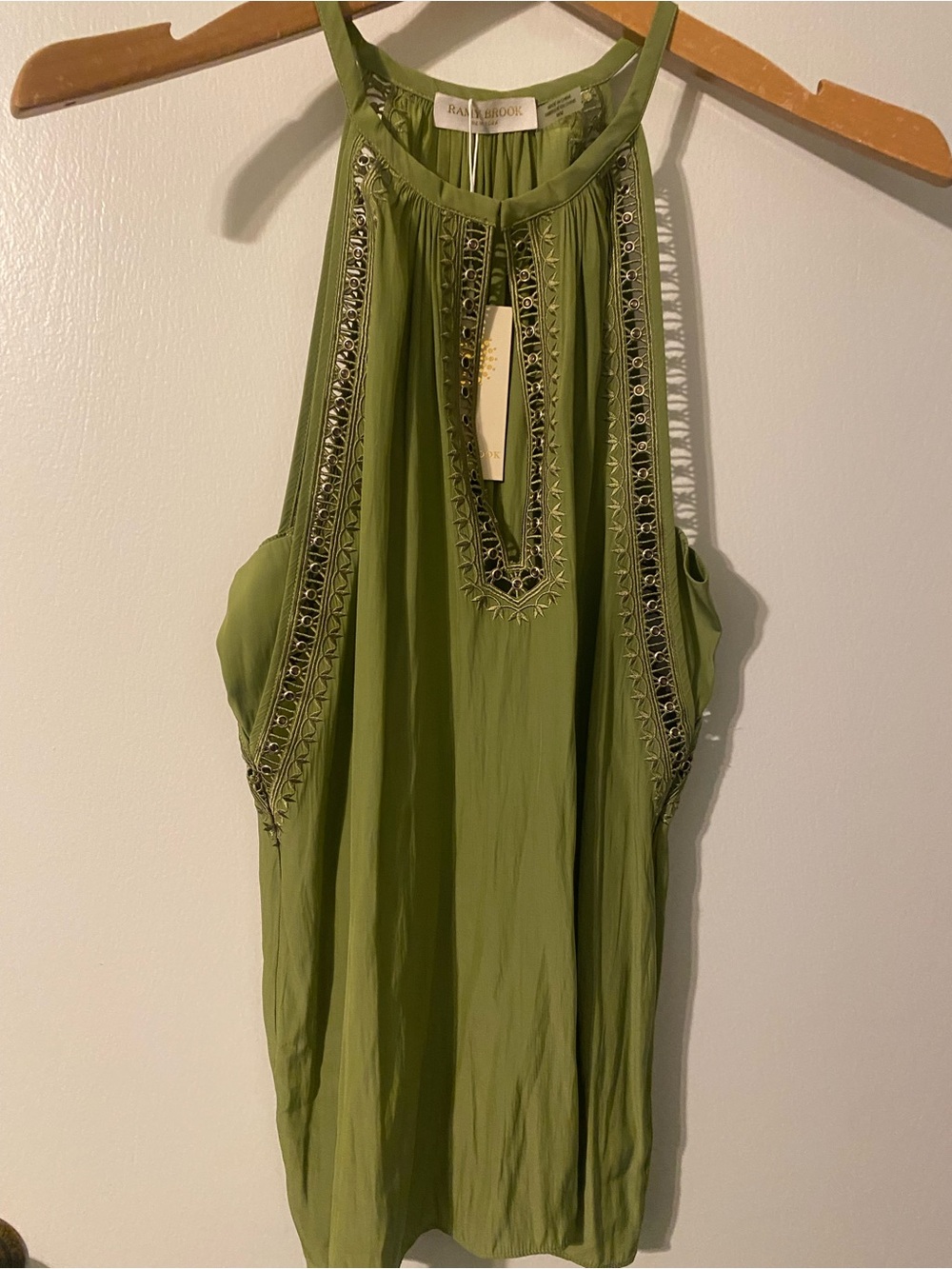 Ramy Brook Olive Green Embroidered Halter Tank Top